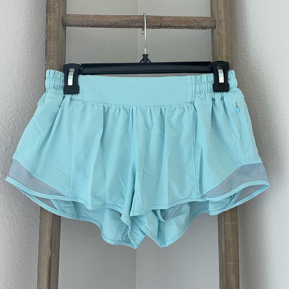 Lululemon hotty hot shorts. Size 8. 2.5 inch. Light teal in EUC